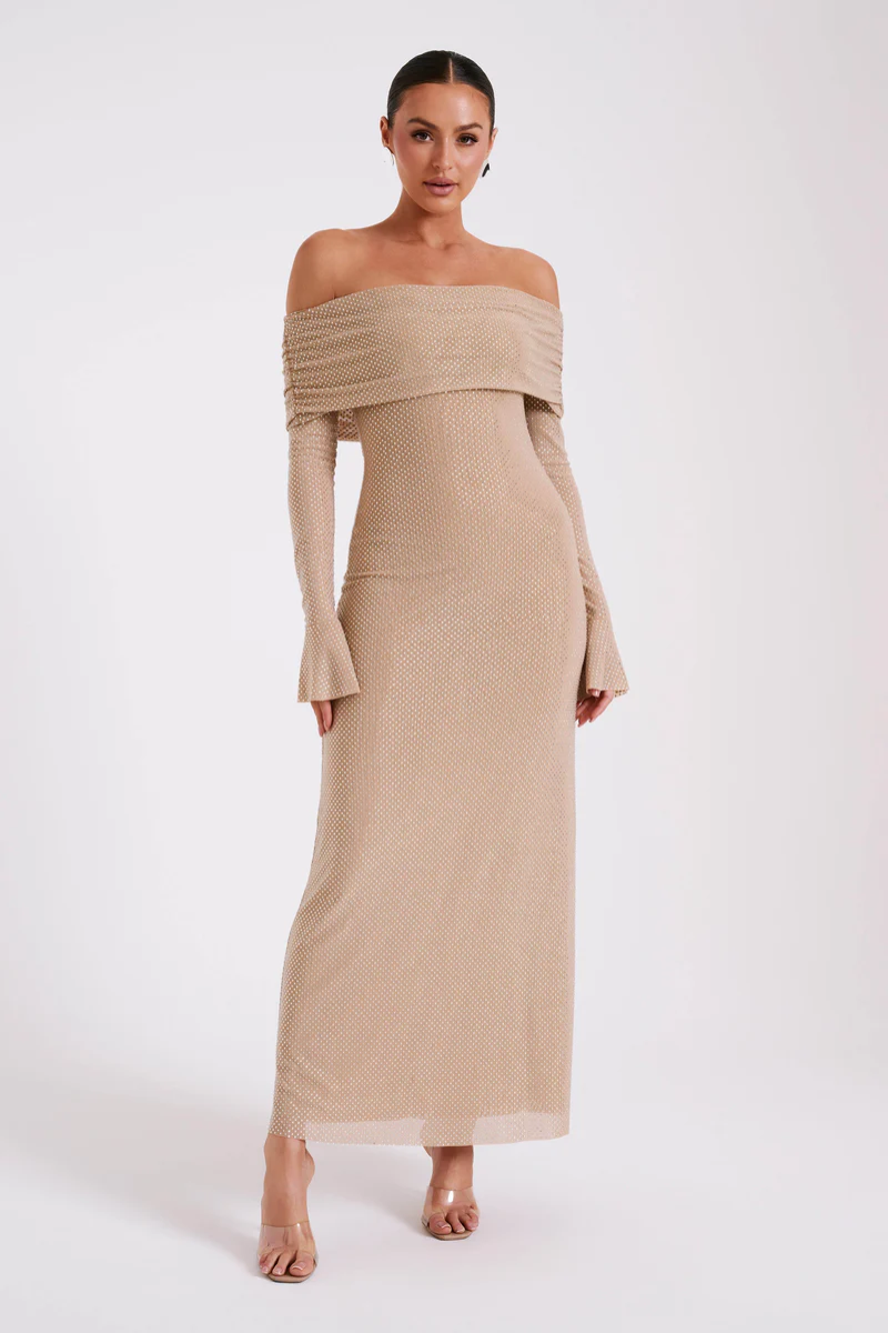 Aurelyse – Off shoulder shimmer – Knit evening dress-10174862688583-Ivory Ombre