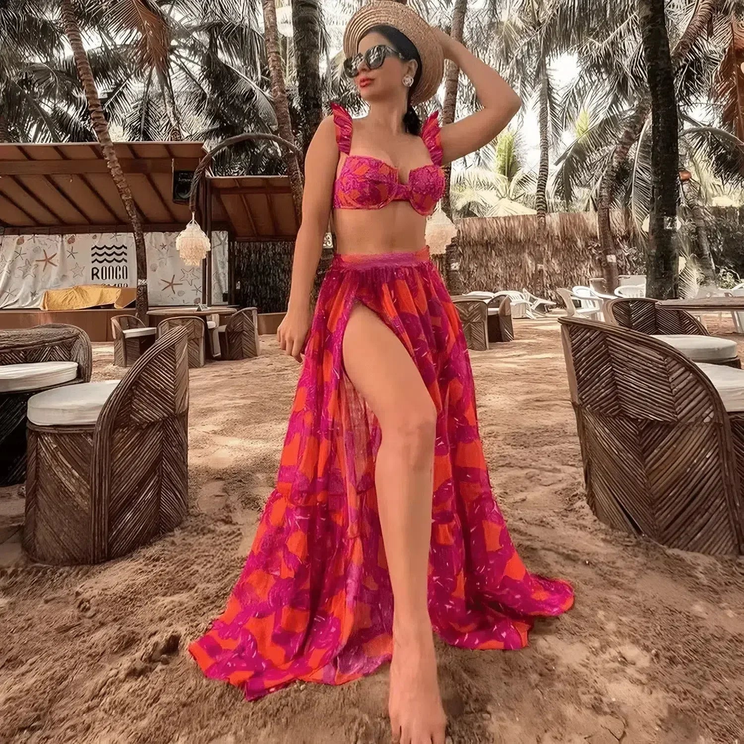 Aurivette Set – Pink – Ruffled bikini and slit skirt-10174705500487-Ivory Ombre