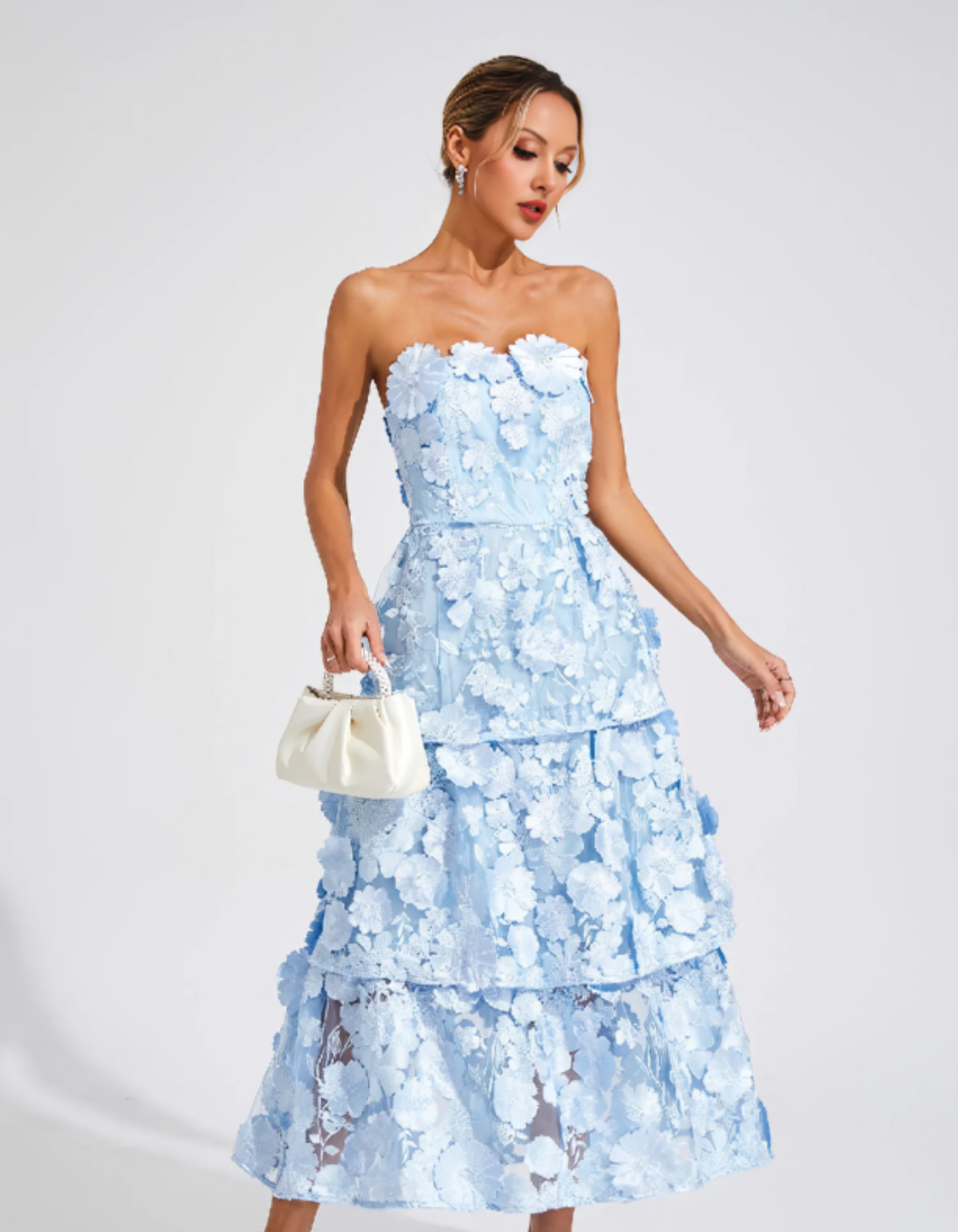 Avelisse – 3D floral tiers – Strapless midi dress-10174863671623-Ivory Ombre