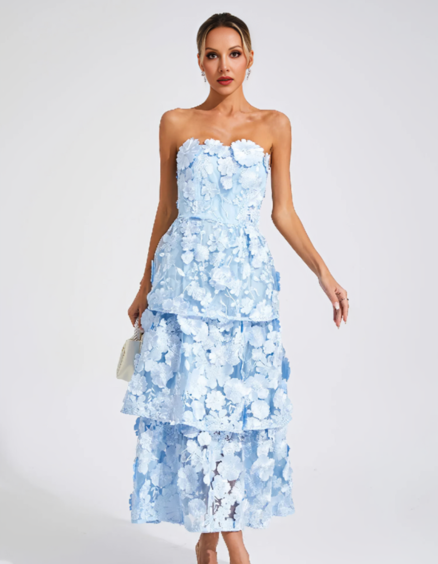 Avelisse – 3D floral tiers – Strapless midi dress-10174863671623-Ivory Ombre