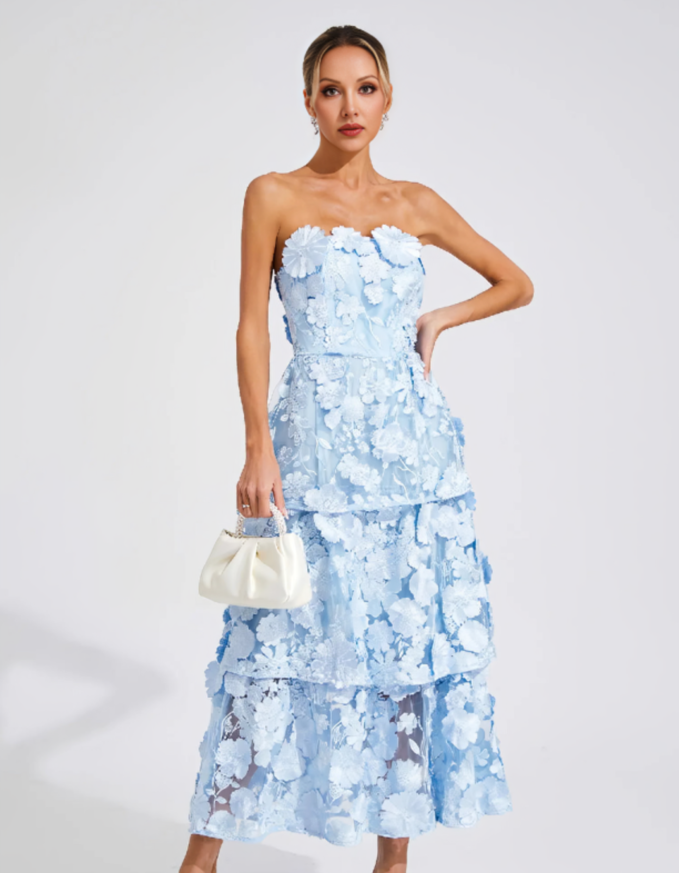 Avelisse – 3D floral tiers – Strapless midi dress-10174863671623-Ivory Ombre