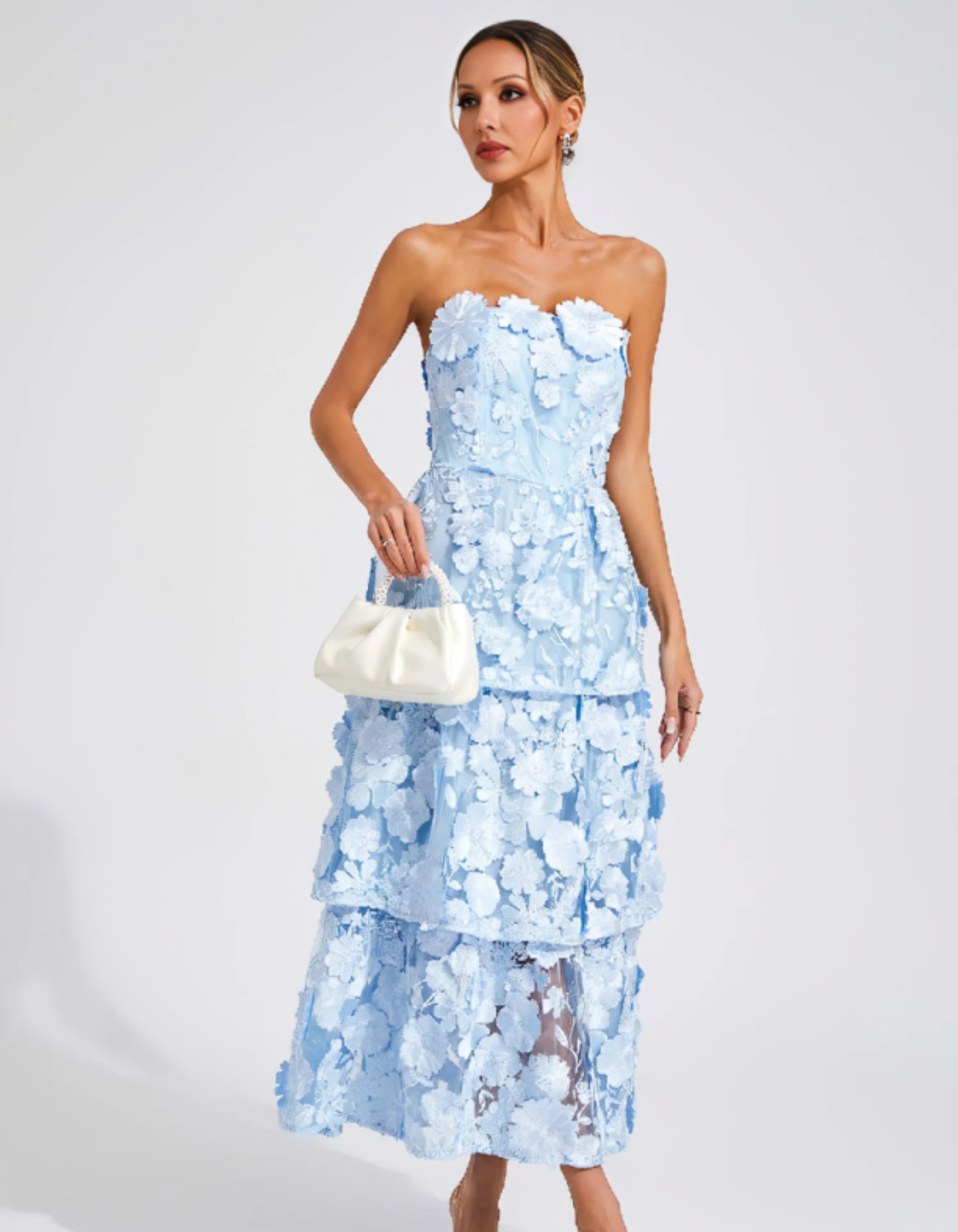Avelisse – 3D floral tiers – Strapless midi dress-10174863671623-Ivory Ombre