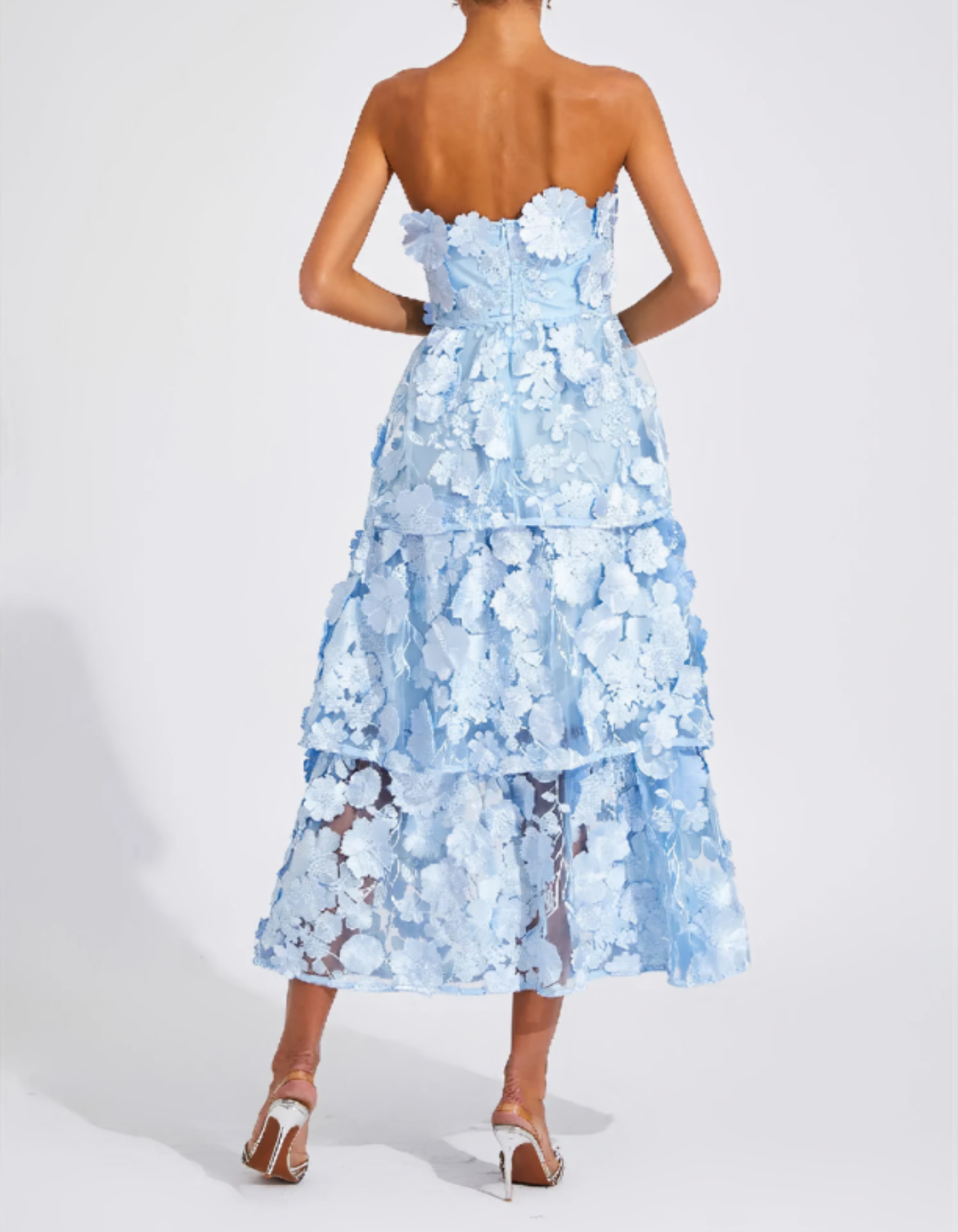 Avelisse – 3D floral tiers – Strapless midi dress-10174863671623-Ivory Ombre