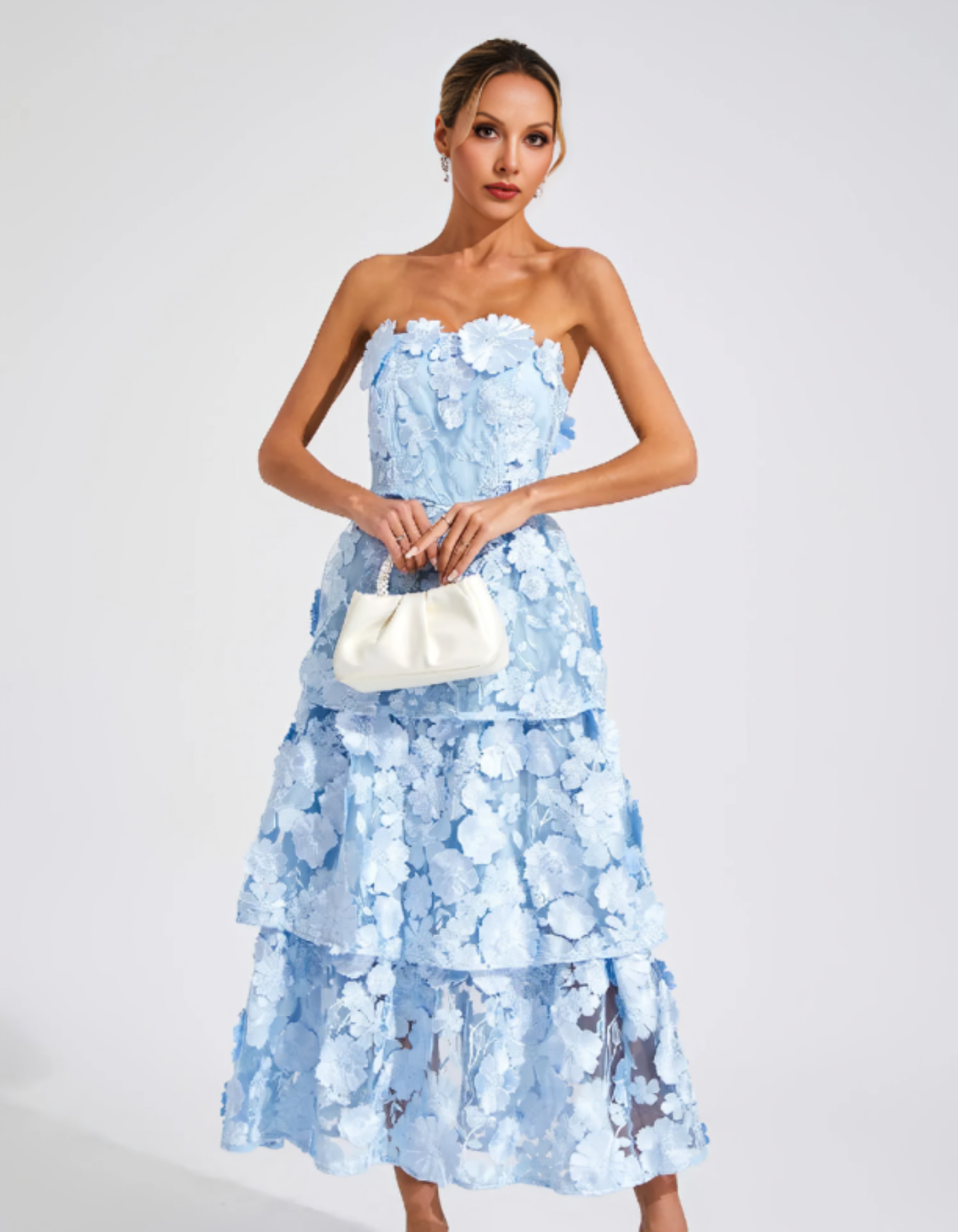 Avelisse – 3D floral tiers – Strapless midi dress-10174863671623-Ivory Ombre