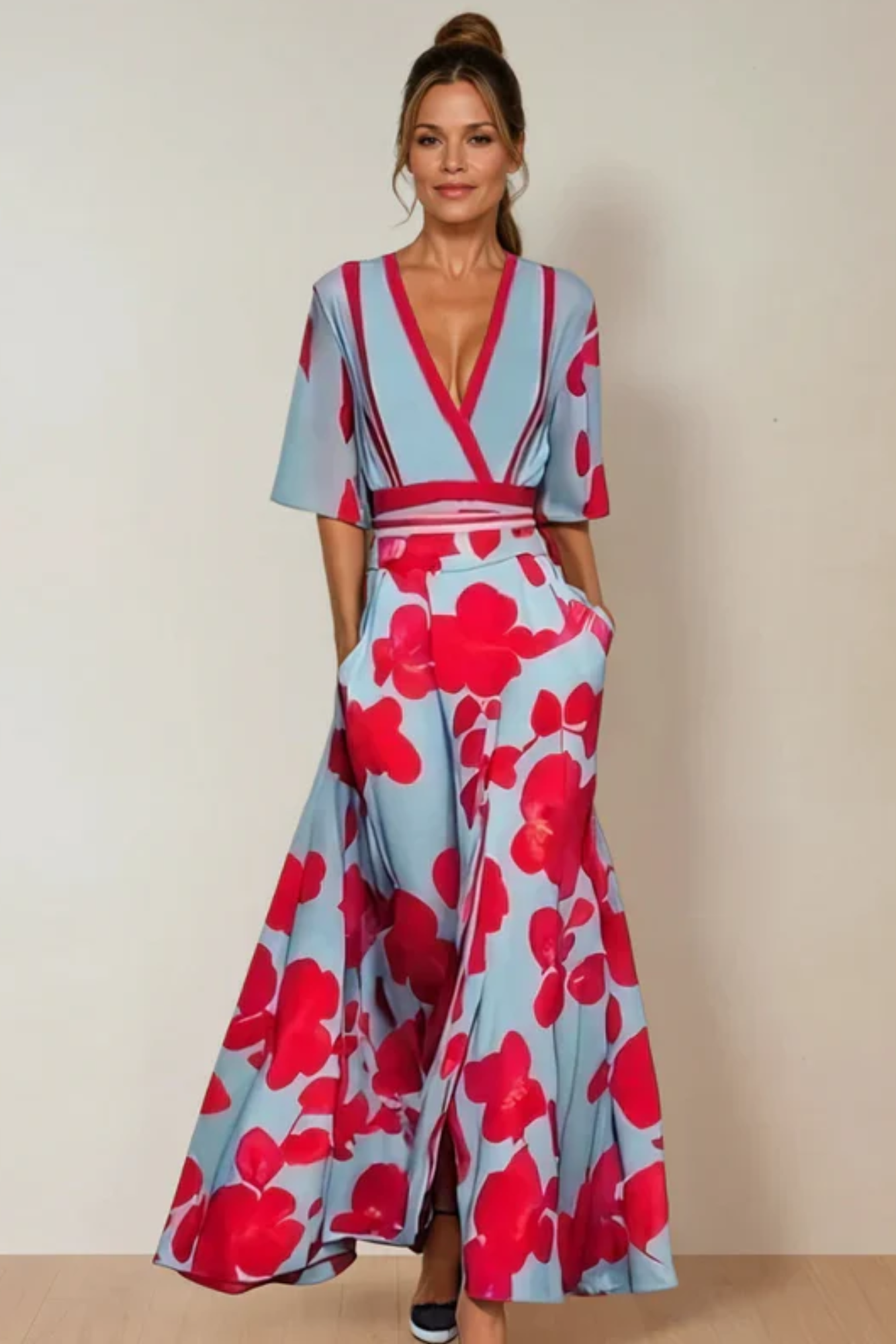 Averette – Bold floral contrast – V-neck maxi dress-10174853480775-Ivory Ombre