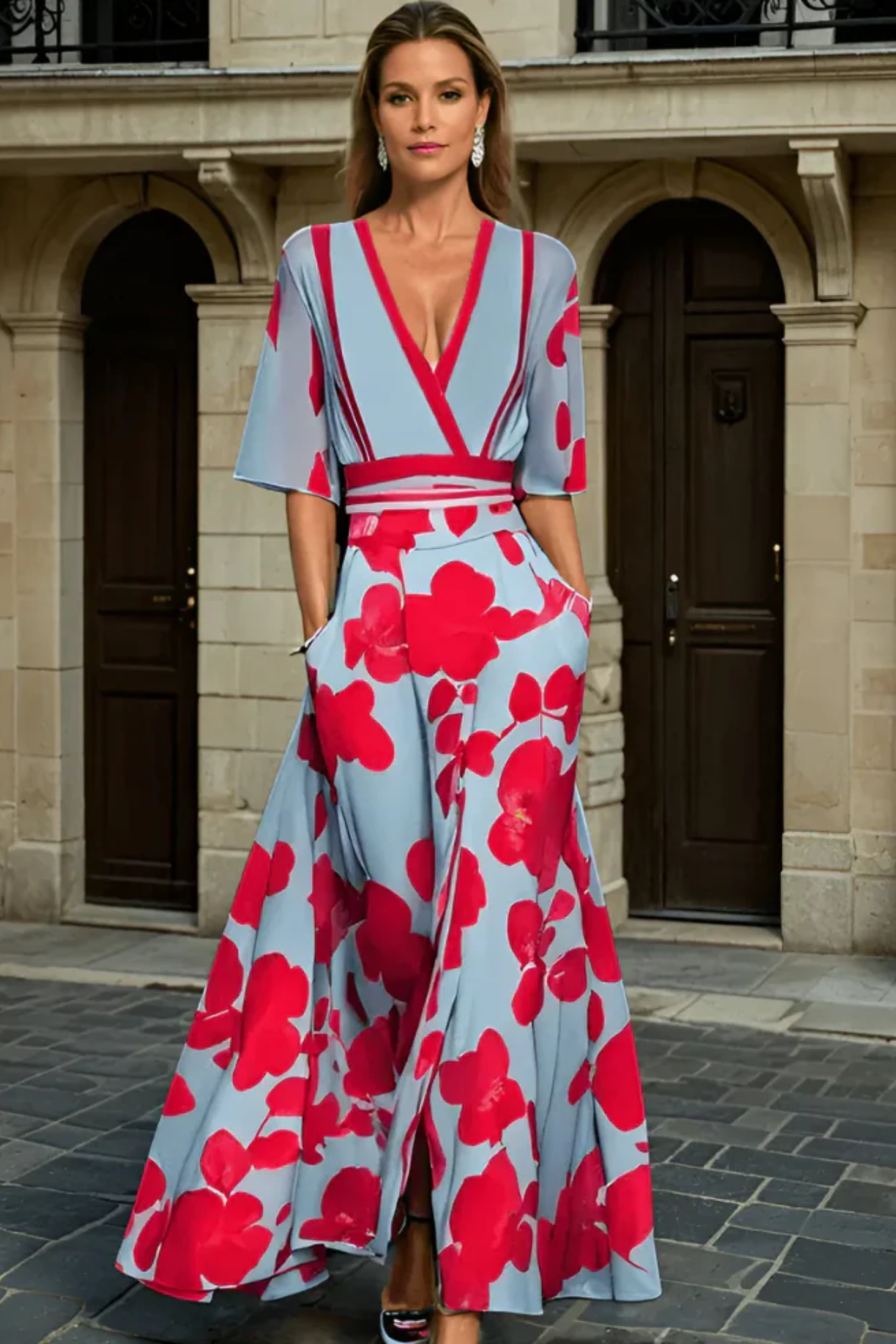 Averette – Bold floral contrast – V-neck maxi dress-10174853480775-Ivory Ombre