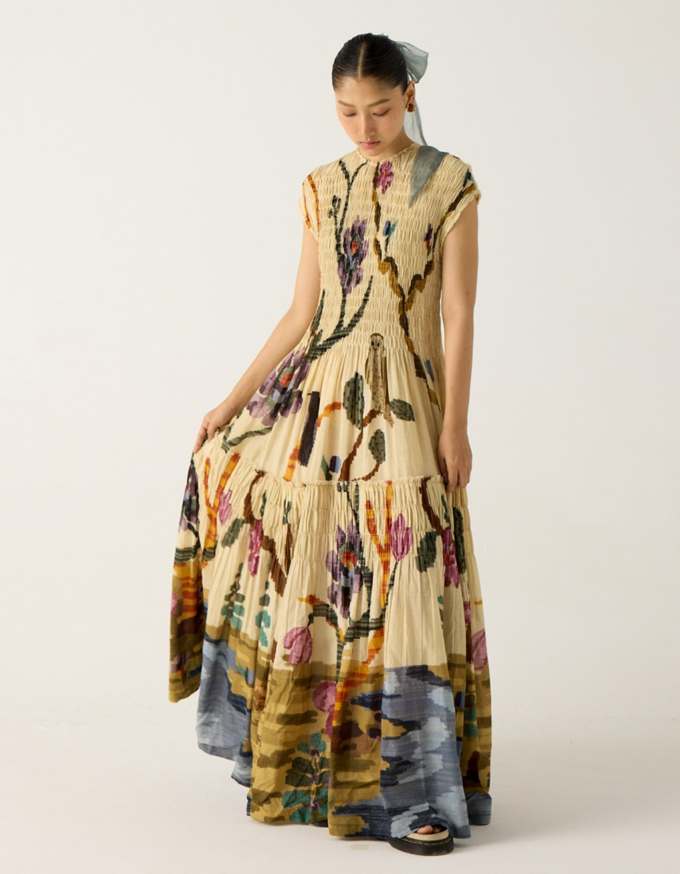 Averine – Painted pleat texture – Cap sleeve maxi dress-10183309361479-Ivory Ombre