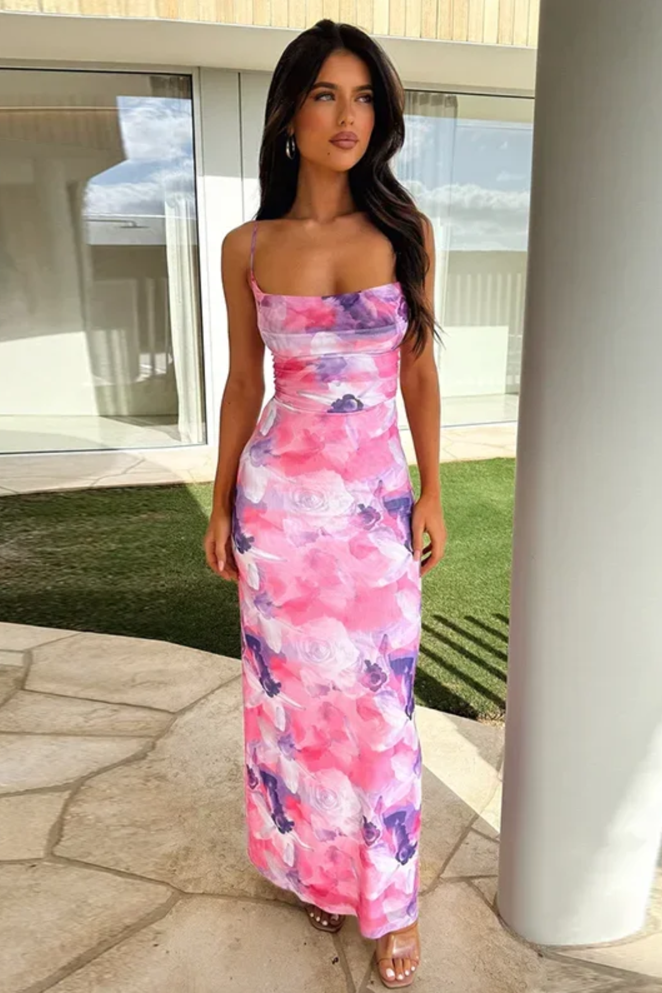 Azéline – Sapphire bloom elegance – Cowl neck maxi dress-10174852825415-Ivory Ombre