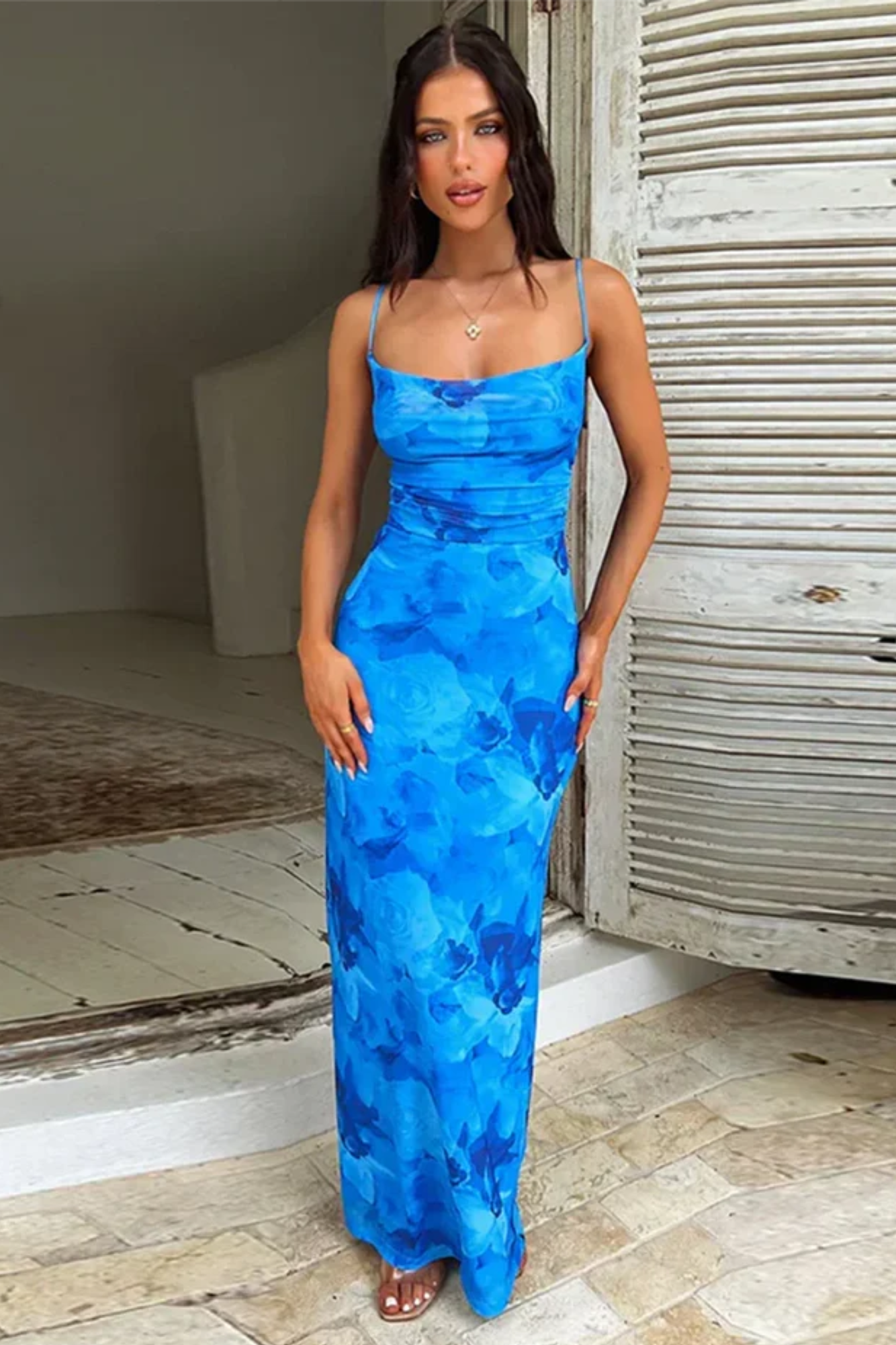 Azéline – Sapphire bloom elegance – Cowl neck maxi dress-10174852825415-Ivory Ombre
