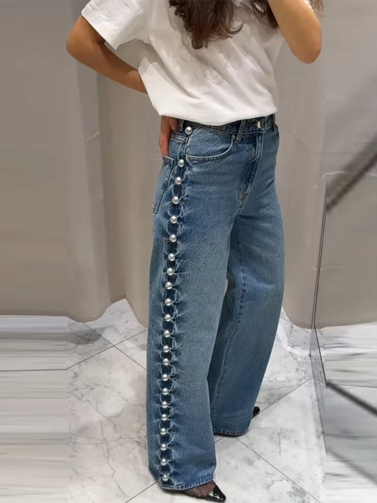 Beaudine – Pearl detail – Wide-leg jeans-10174855414087-Ivory Ombre
