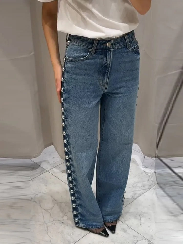 Beaudine – Pearl detail – Wide-leg jeans-10174855414087-Ivory Ombre