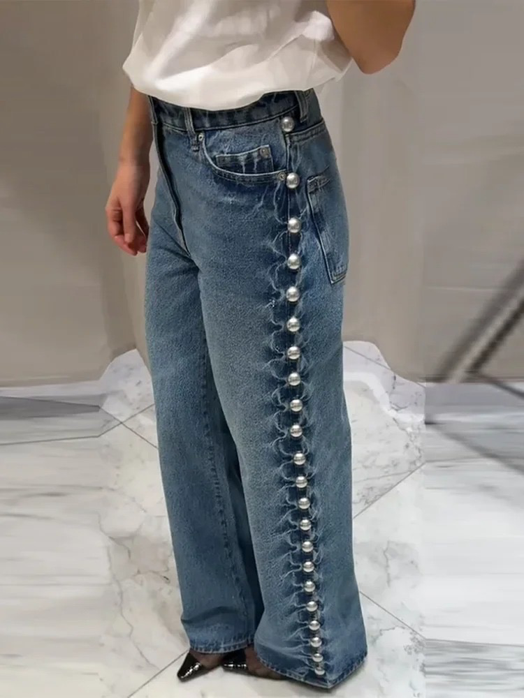 Beaudine – Pearl detail – Wide-leg jeans-10174855414087-Ivory Ombre