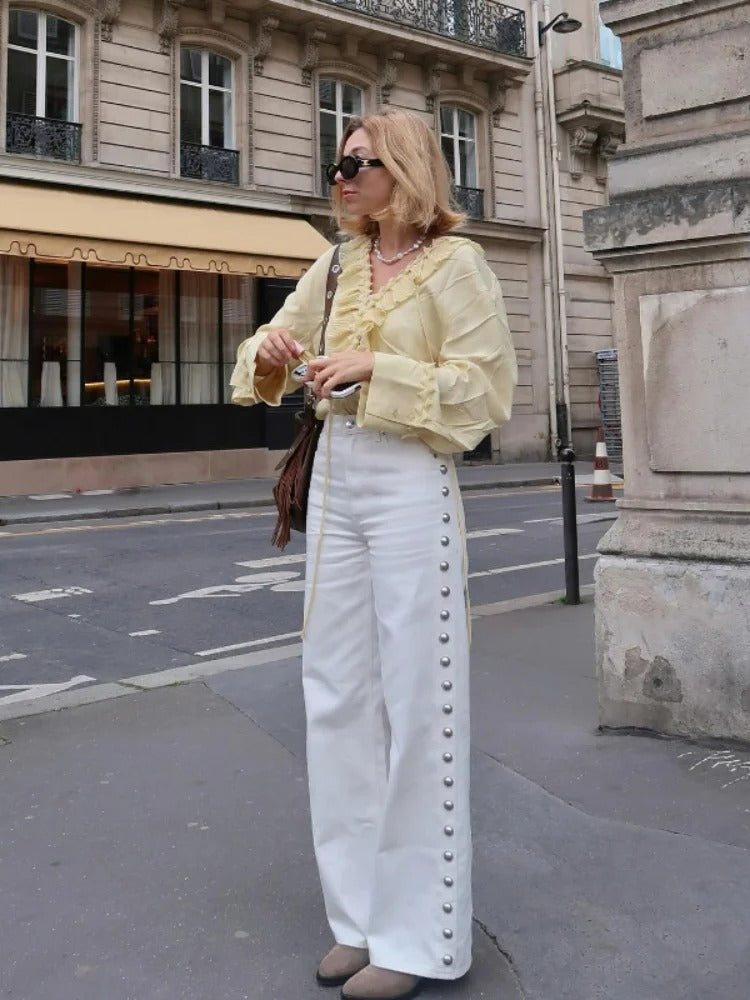 Beaudine – Pearl detail – Wide-leg jeans-10174855414087-Ivory Ombre
