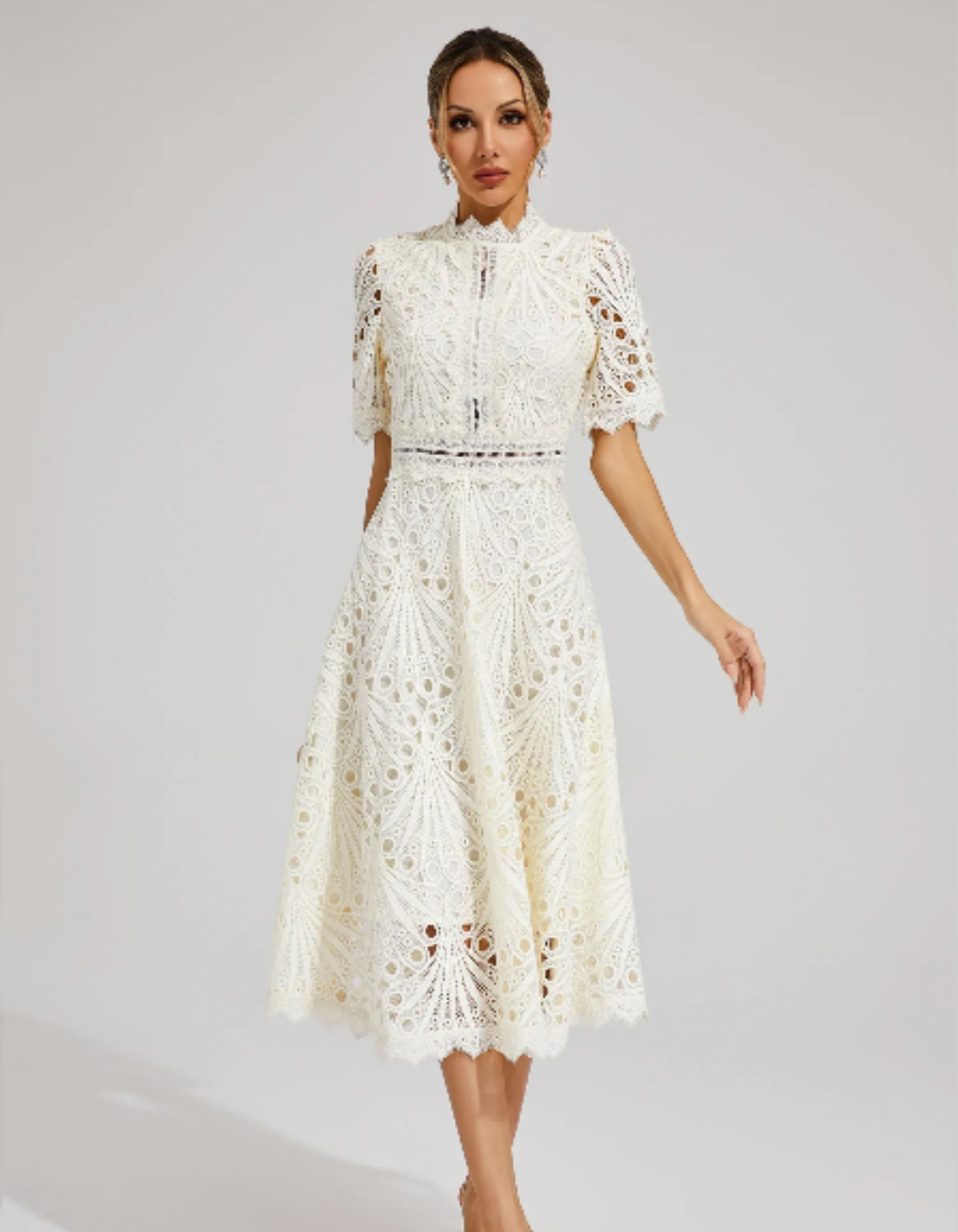 Belladette – Intricate lacework – Midi occasion dress-10174863900999-Ivory Ombre