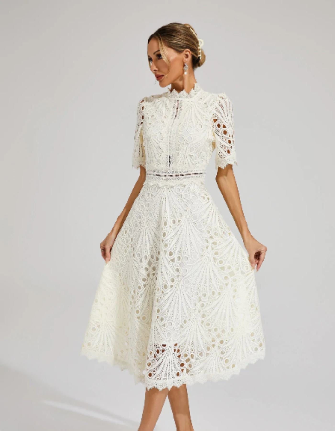 Belladette – Intricate lacework – Midi occasion dress-10174863900999-Ivory Ombre