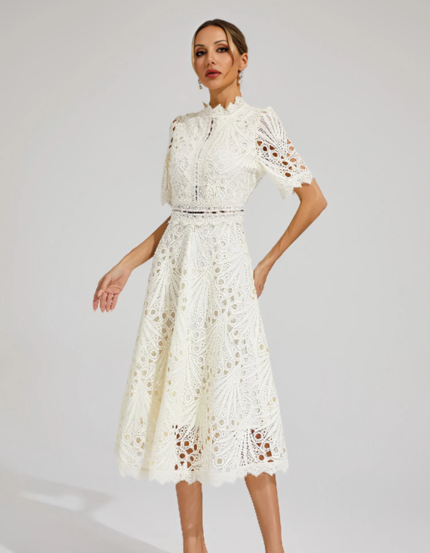 Belladette – Intricate lacework – Midi occasion dress-10174863900999-Ivory Ombre