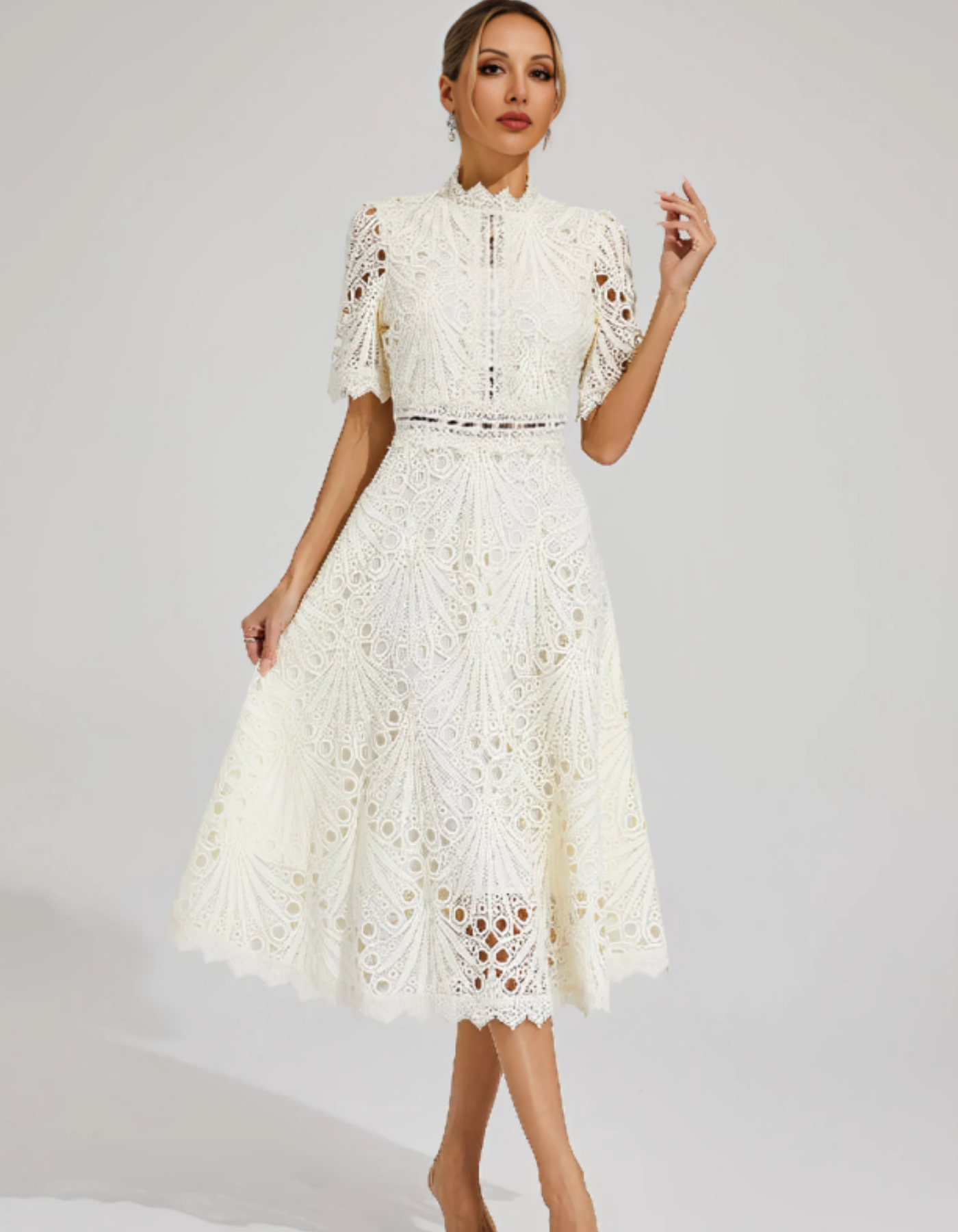 Belladette – Intricate lacework – Midi occasion dress-10174863900999-Ivory Ombre