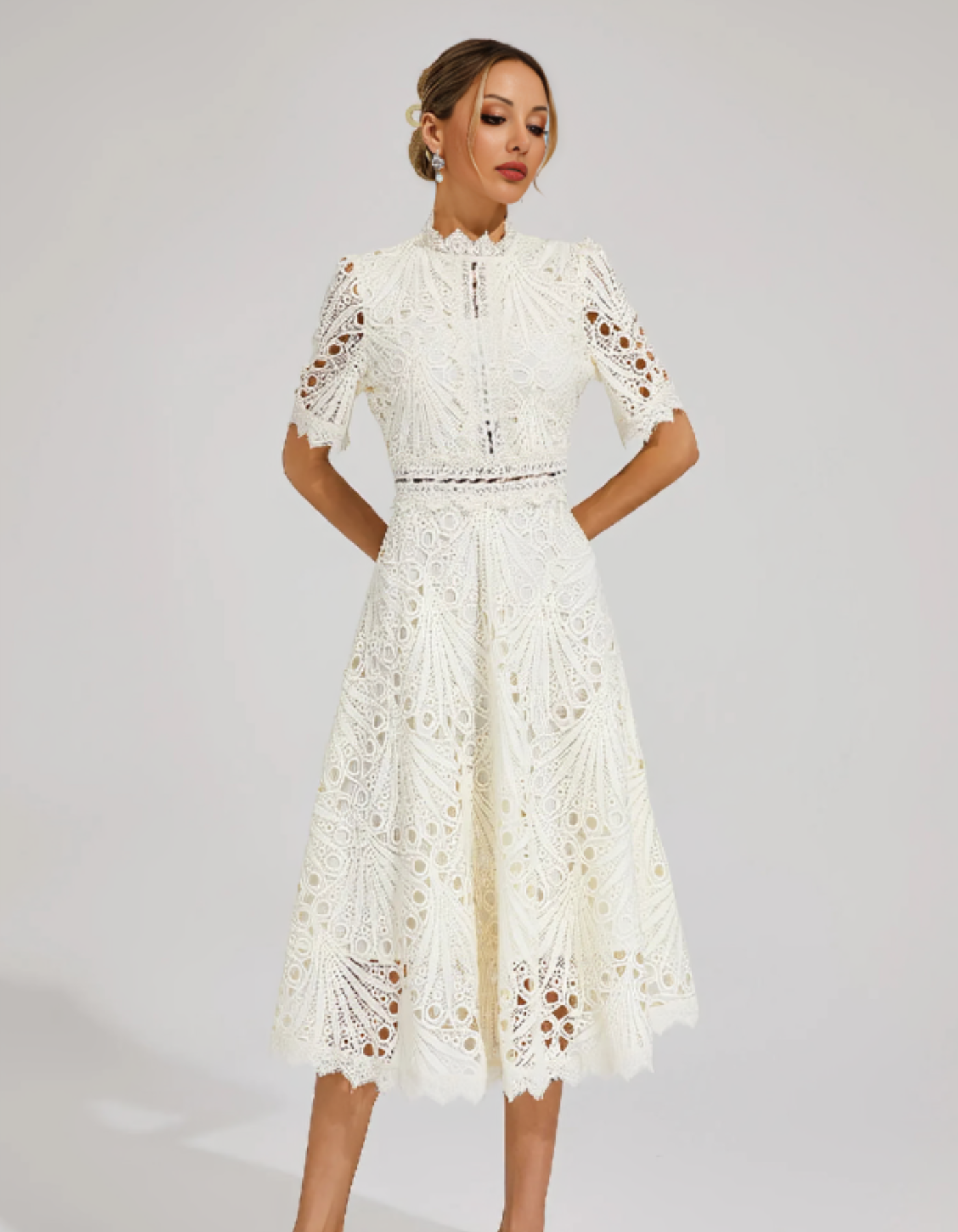 Belladette – Intricate lacework – Midi occasion dress-10174863900999-Ivory Ombre