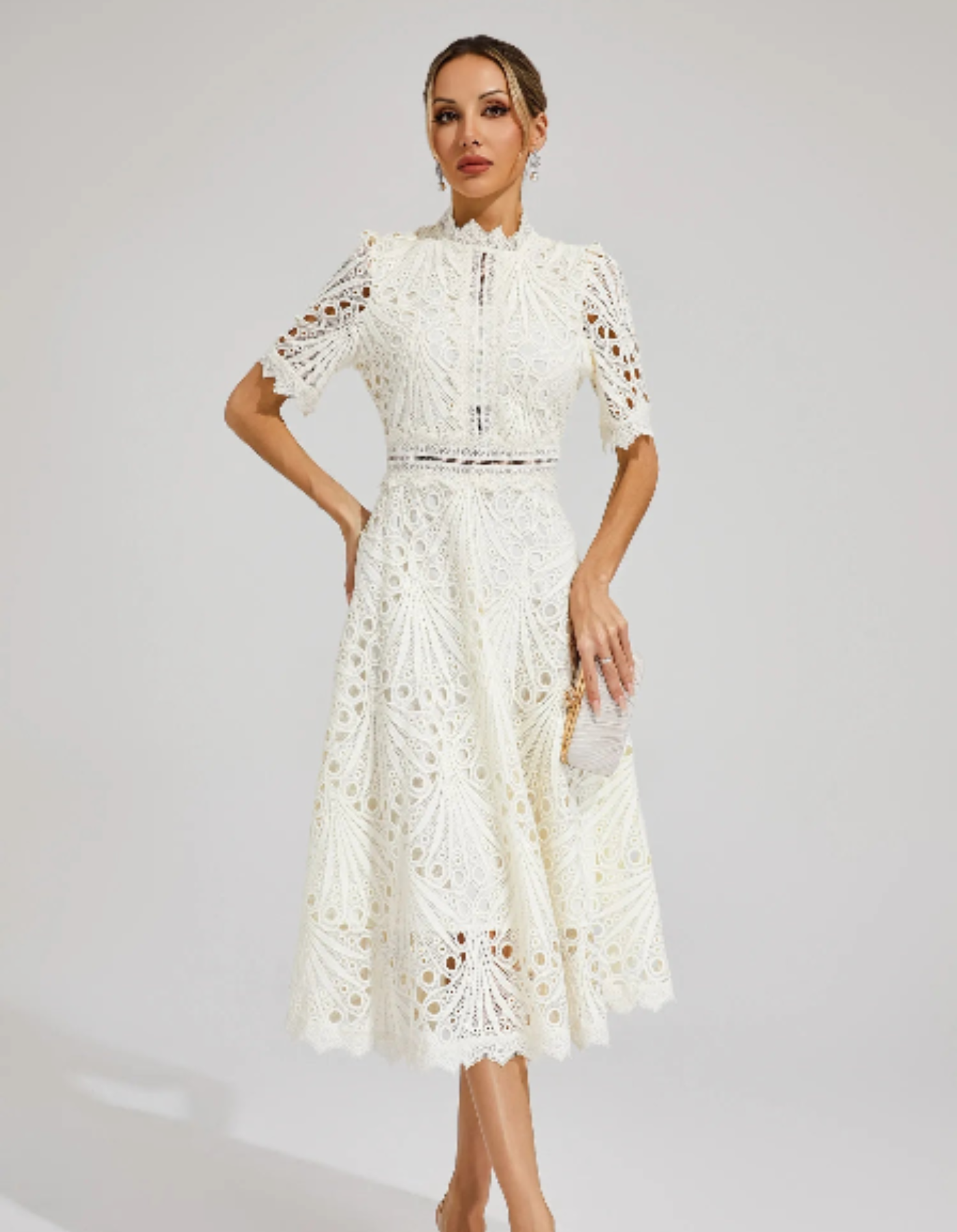 Belladette – Intricate lacework – Midi occasion dress-10174863900999-Ivory Ombre