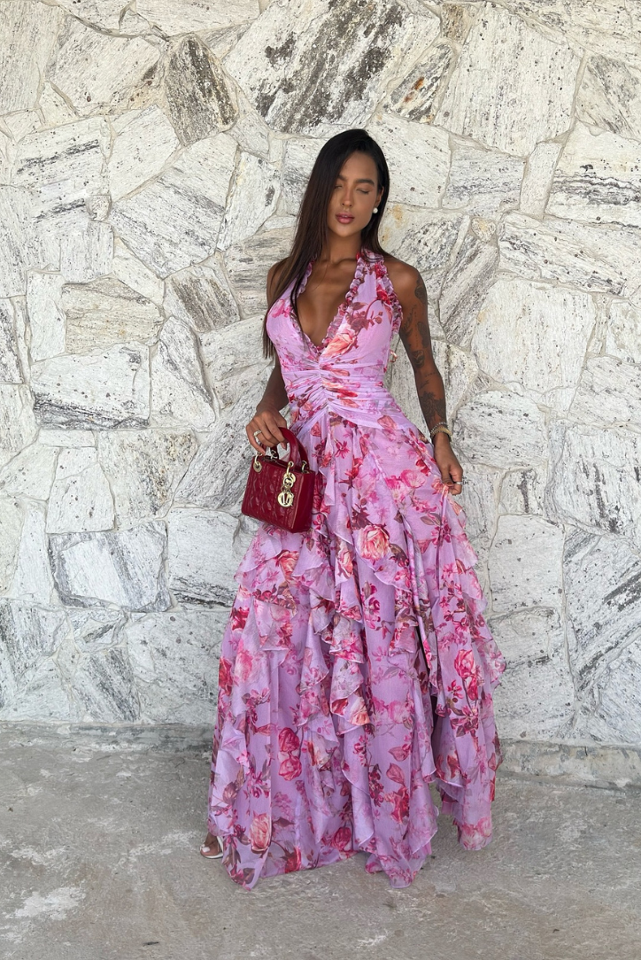 Belladina – Floral cascade – Halter neck maxi dress-10174855348551-Ivory Ombre