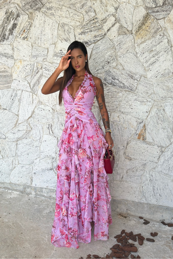 Belladina – Floral cascade – Halter neck maxi dress-10174855348551-Ivory Ombre