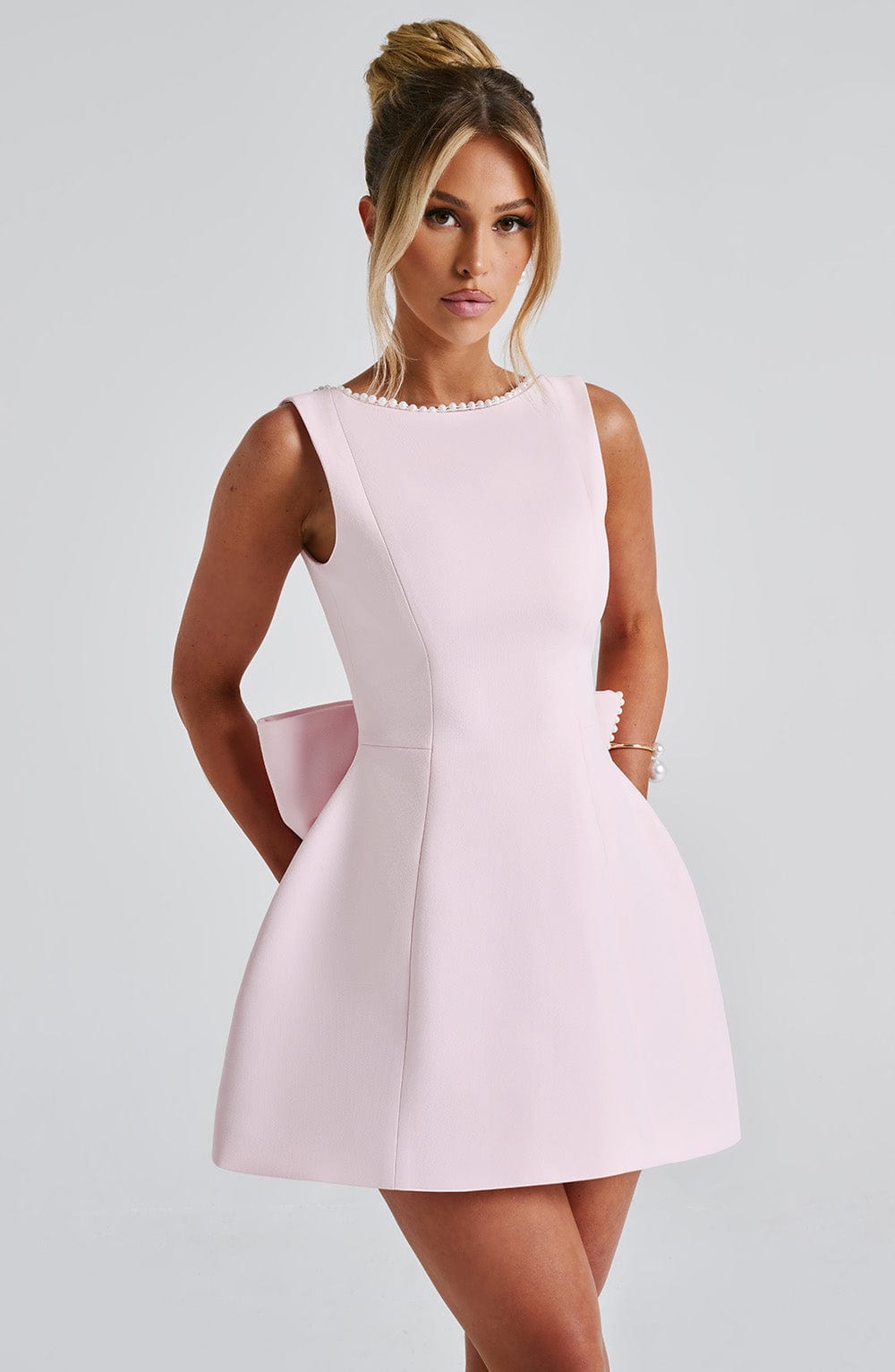 Bellanina – Pearl trim bow-back – Mini dress-10187127554375-Ivory Ombre