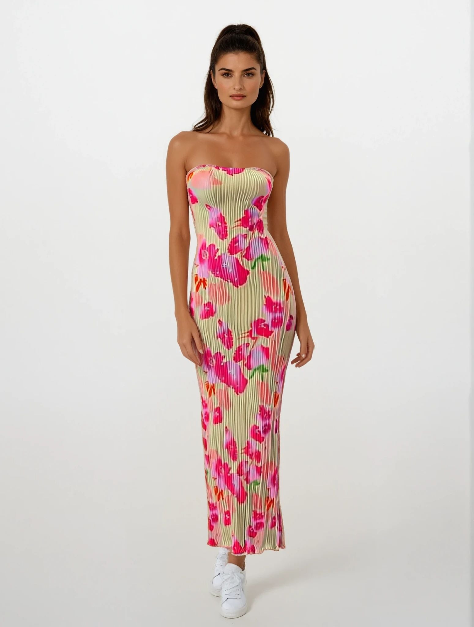 Bellaria – Neon bloom pleats – Strapless midi dress-10174853120327-Ivory Ombre