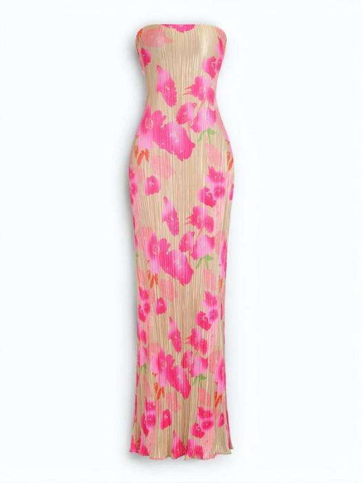 Bellaria – Neon bloom pleats – Strapless midi dress-10174853120327-Ivory Ombre