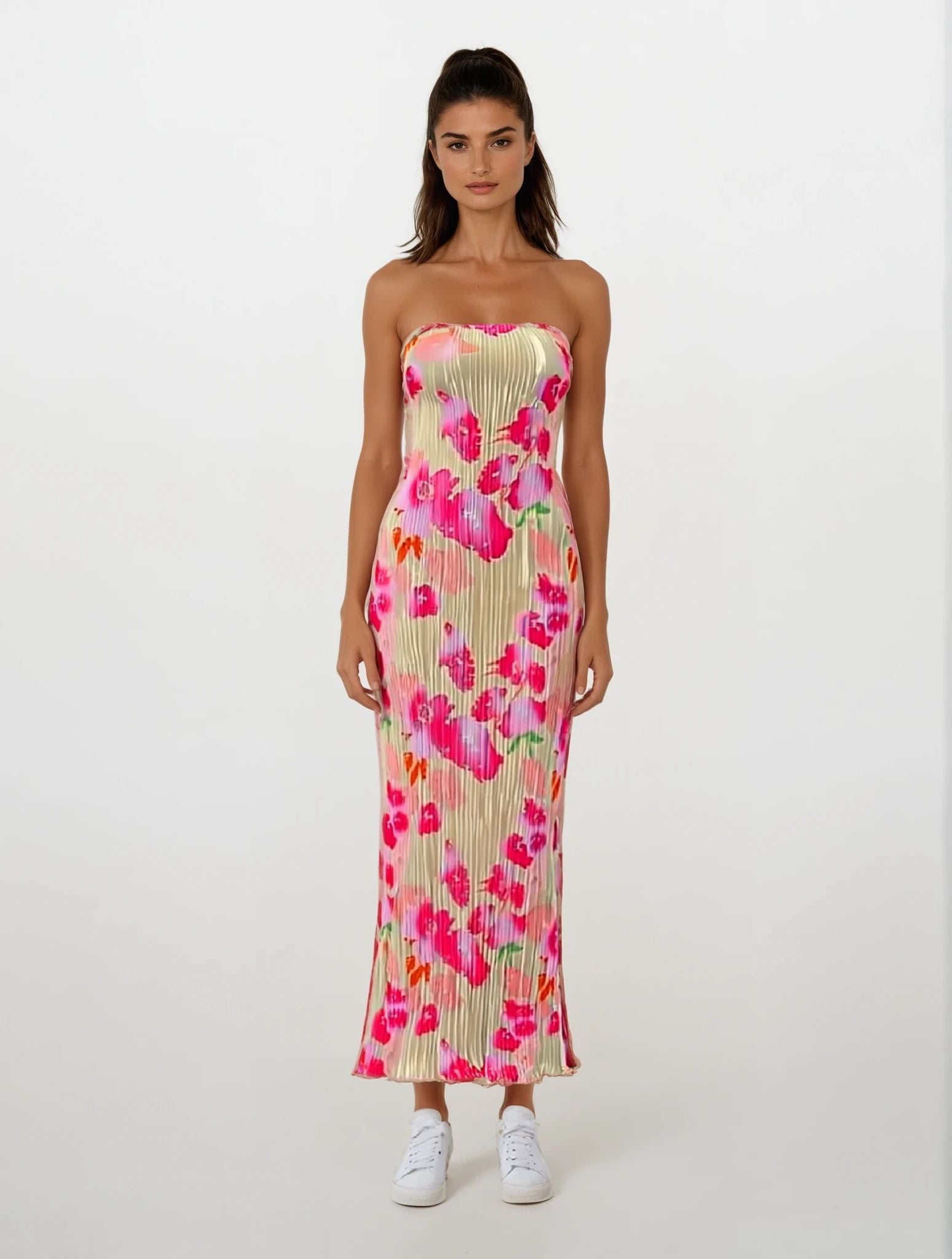 Bellaria – Neon bloom pleats – Strapless midi dress-10174853120327-Ivory Ombre