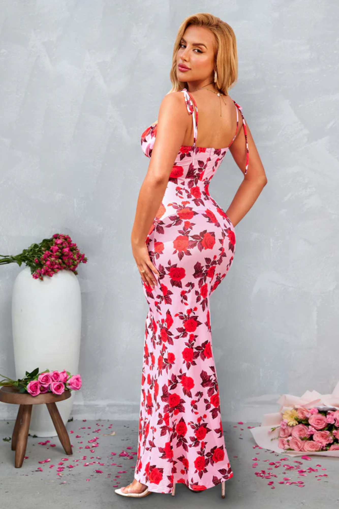 Bellissea – Rosé bloom contour – Bodycon maxi dress-10174853513543-Ivory Ombre