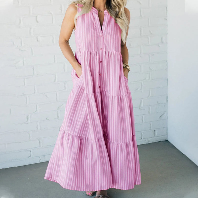 Breaire – Tiered stripe – Sleeveless maxi dress-10174855610695-Ivory Ombre