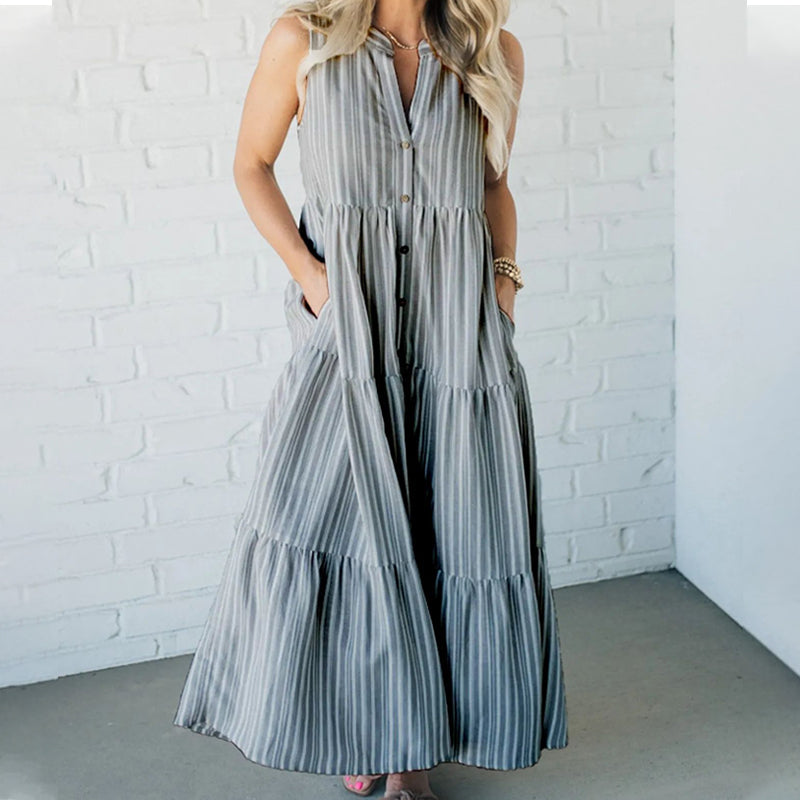 Breaire – Tiered stripe – Sleeveless maxi dress-10174855610695-Ivory Ombre