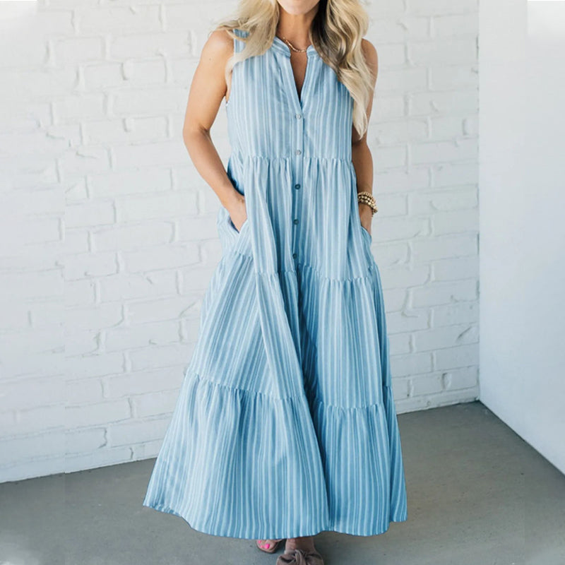 Breaire – Tiered stripe – Sleeveless maxi dress-10174855610695-Ivory Ombre