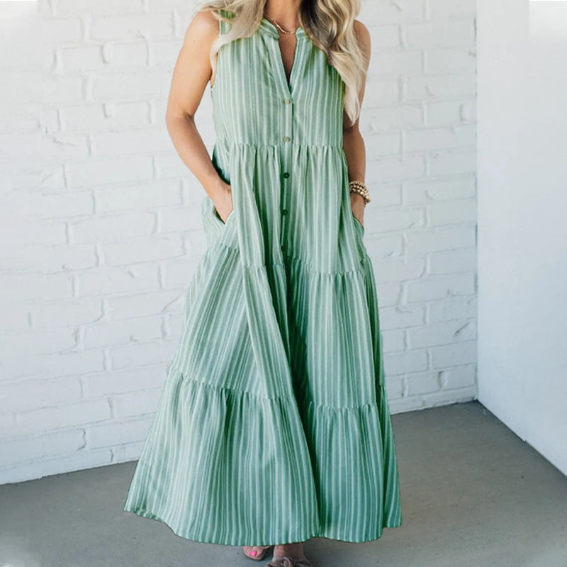 Breaire – Tiered stripe – Sleeveless maxi dress-10174855610695-Ivory Ombre