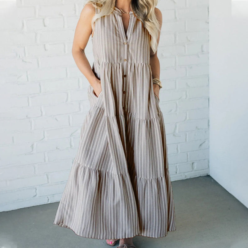 Breaire – Tiered stripe – Sleeveless maxi dress-10174855610695-Ivory Ombre