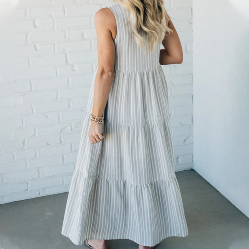 Breaire – Tiered stripe – Sleeveless maxi dress-10174855610695-Ivory Ombre