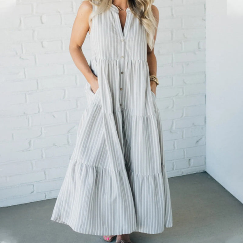 Breaire – Tiered stripe – Sleeveless maxi dress-10174855610695-Ivory Ombre