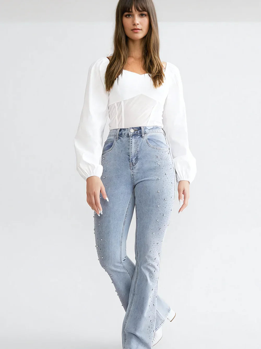 Brigida – Rhinestone embellished – Boot cut flared jeans-10174844895559-Ivory Ombre