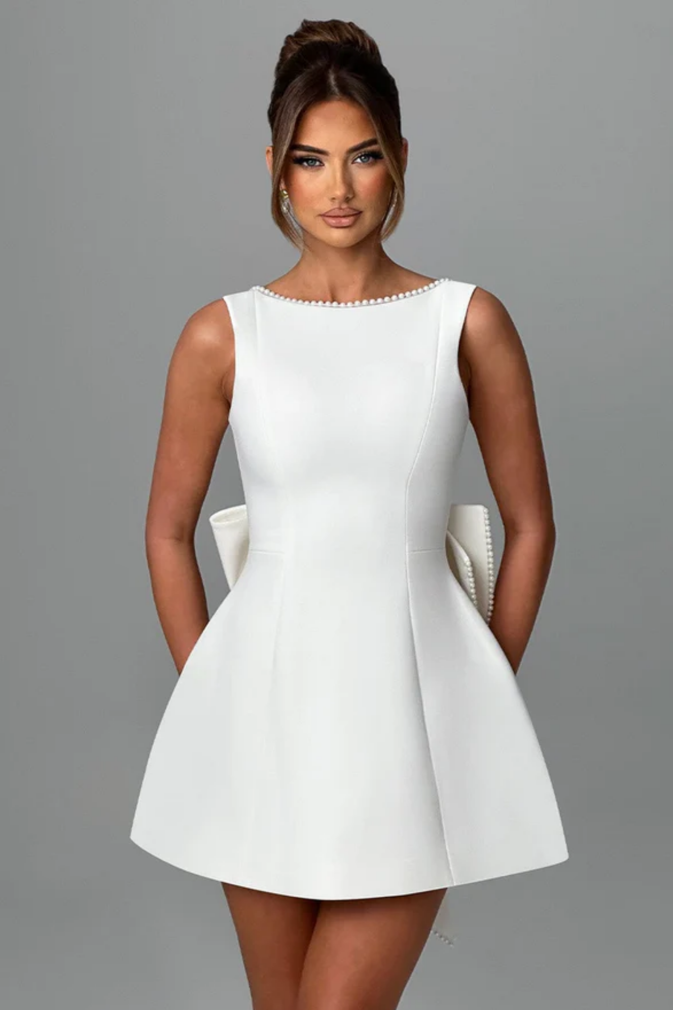 Bruna – Pearl bow detail – Mini dress-10174746591559-Ivory Ombre
