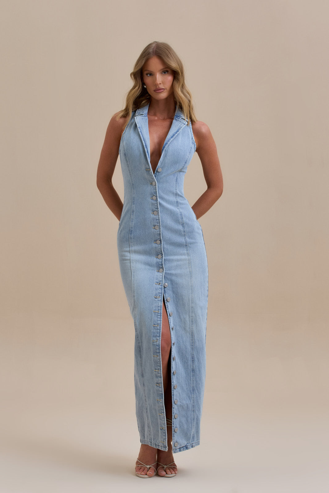 Calissane – Button-down stretch – Denim maxi dress-10174868160839-Ivory Ombre