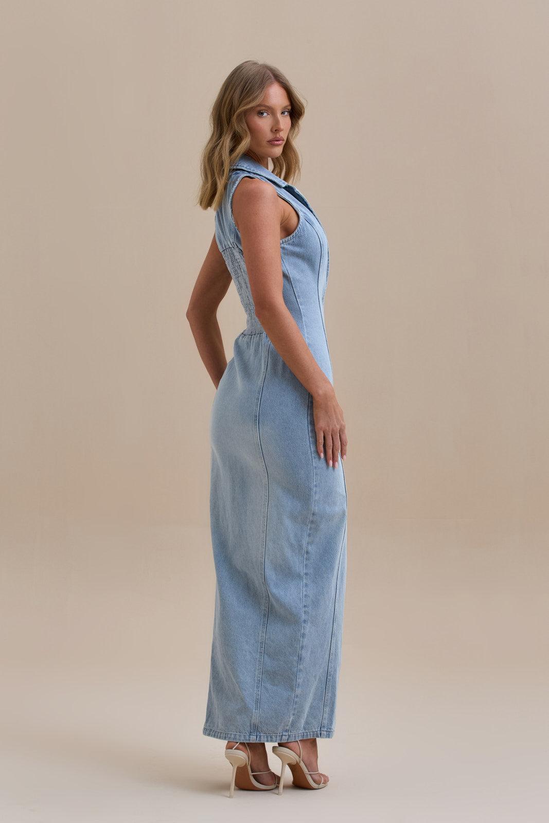 Calissane – Button-down stretch – Denim maxi dress-10174868160839-Ivory Ombre