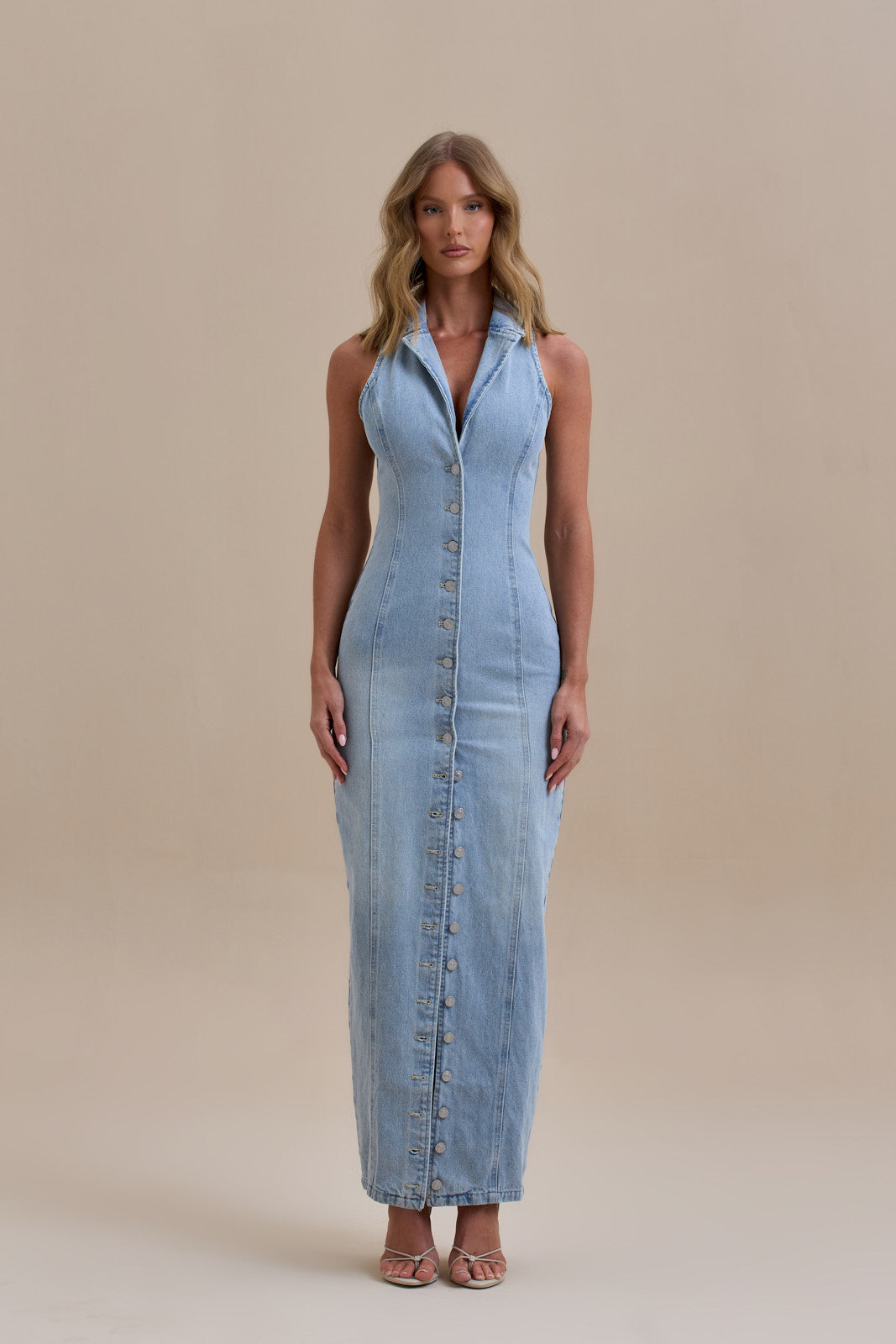 Calissane – Button-down stretch – Denim maxi dress-10174868160839-Ivory Ombre