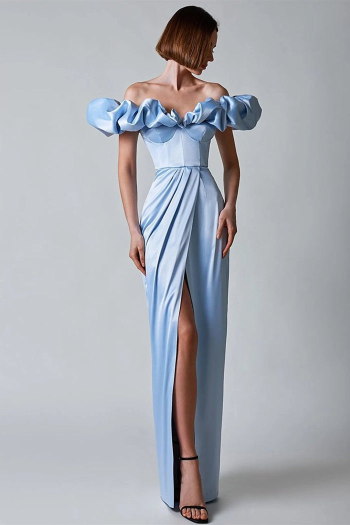 Celestique – Ruffled neckline – Off-shoulder satin gown-10174858297671-Ivory Ombre