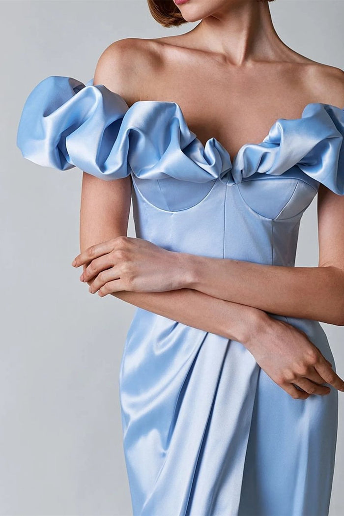 Celestique – Ruffled neckline – Off-shoulder satin gown-10174858297671-Ivory Ombre