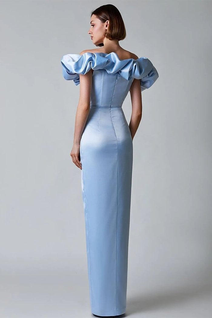 Celestique – Ruffled neckline – Off-shoulder satin gown-10174858297671-Ivory Ombre