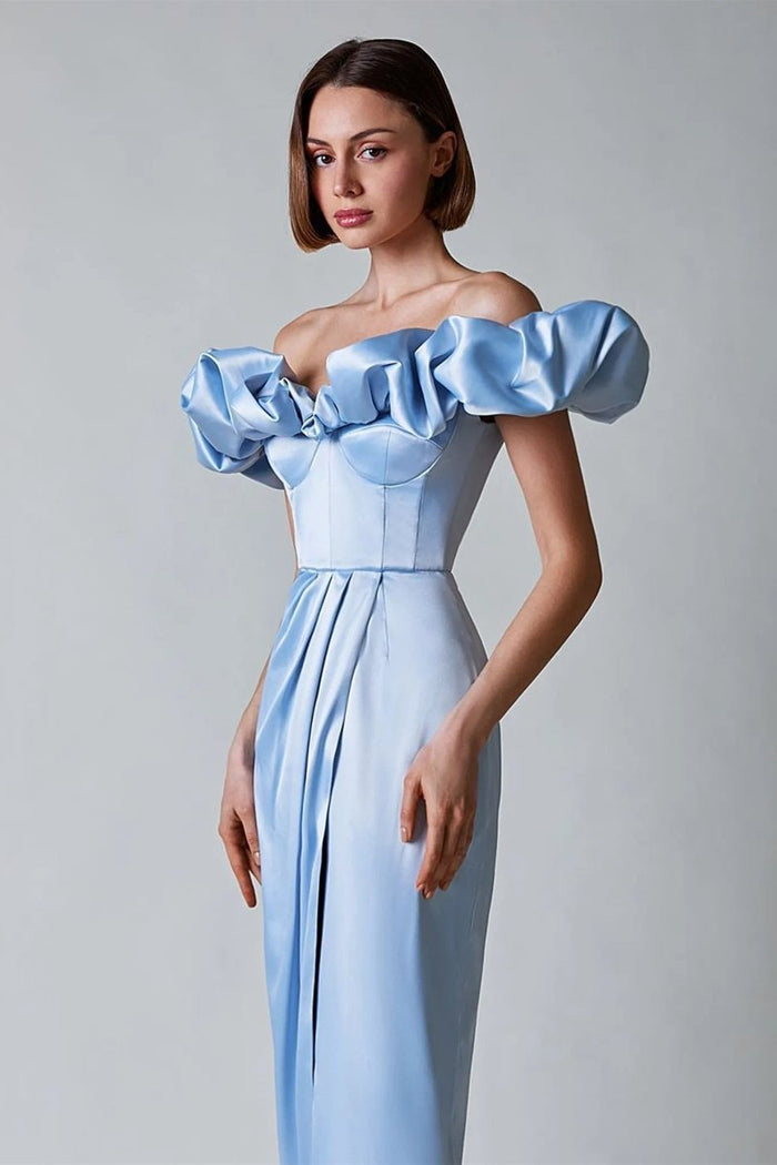 Celestique – Ruffled neckline – Off-shoulder satin gown-10174858297671-Ivory Ombre