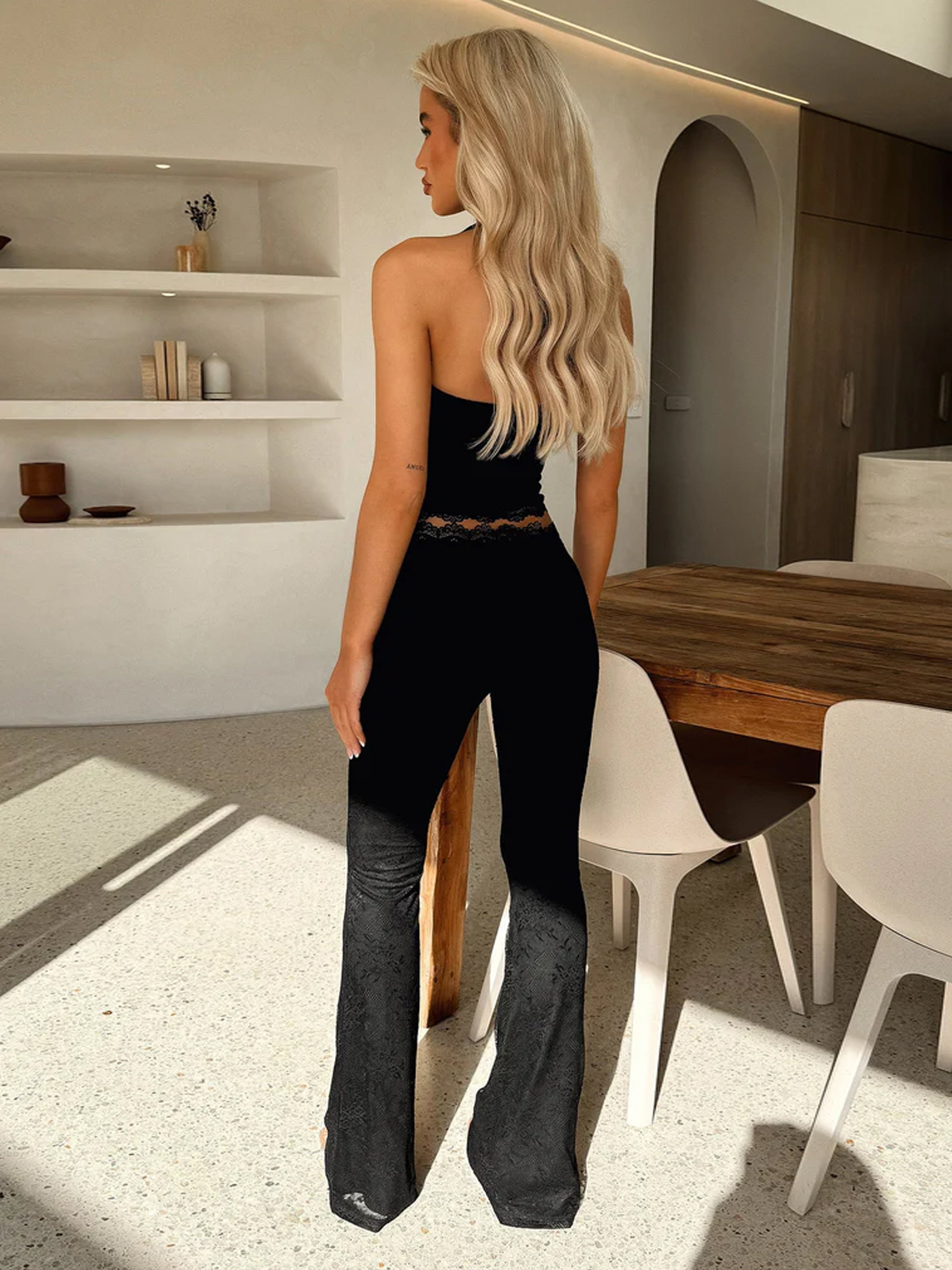 Celivette – Lace trim – Halter top & flared trousers set-10174856659271-Ivory Ombre