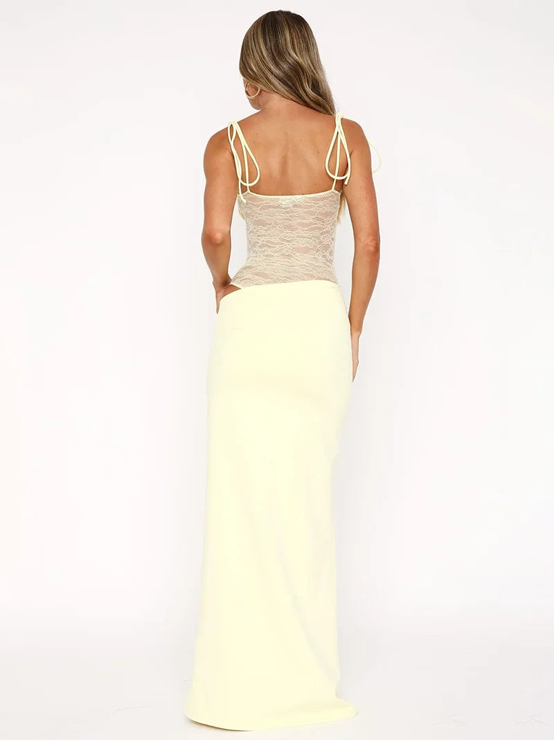 Celviane – Sheer lace waist – Cut-out strap maxi dress-10174854365511-Ivory Ombre