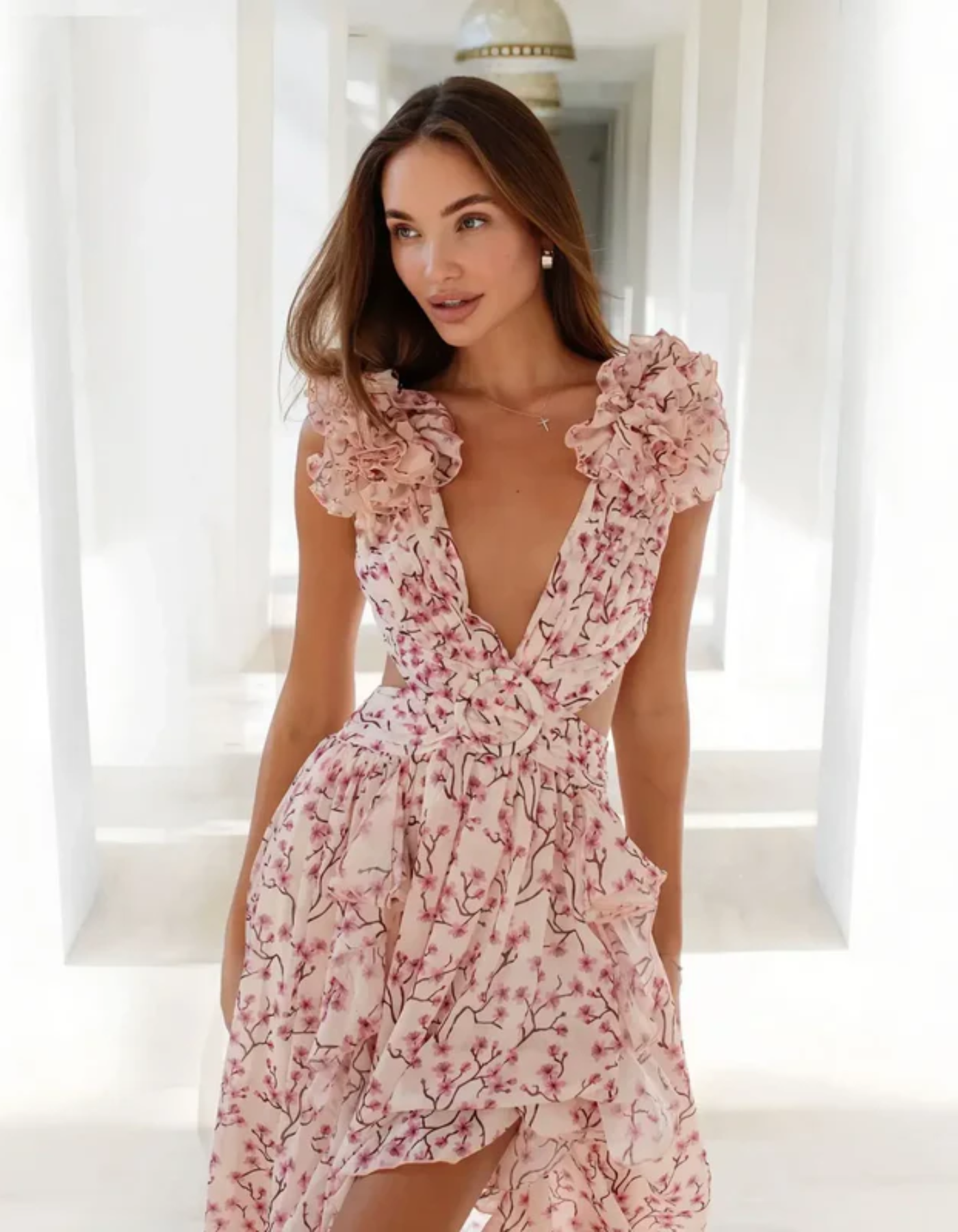 Coralisse – Ruffled coral print – Plunge maxi dress-10174862491975-Ivory Ombre