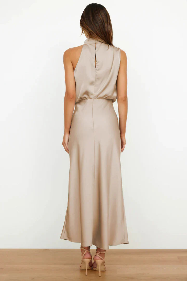 Daisy – Draped neckline – Satin midi dress-10174856397127-Ivory Ombre